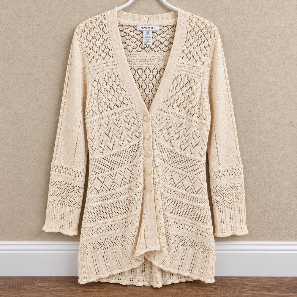 Nine West Merino Wool Crochet Knit Cardigan Womens M Cream Boho Sweater
